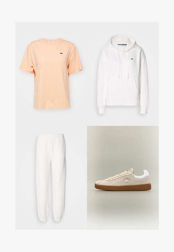 Hvid zip hoodie lavet af blødt stof, med hætte, kængurulommer og et lille grønt Lacoste-logo på venstre bryst.; Ferskenfarvet bomulds T-shirt med korte ærmer og rund halsudskæring. Har et lille grønt Lacoste krokodillelogo på brystet.; Hvide sweatpants lavet af blød, strikket stof. Elastisk talje og manchetter giver en afslappet pasform. Minimalistisk design, ingen synlige mønstre eller accenter.; Beige ruskinds sneakers med hvide detaljer og gummisål. Har et hævet logo på siden og kontrasterende beige snørebånd. Klassisk design.