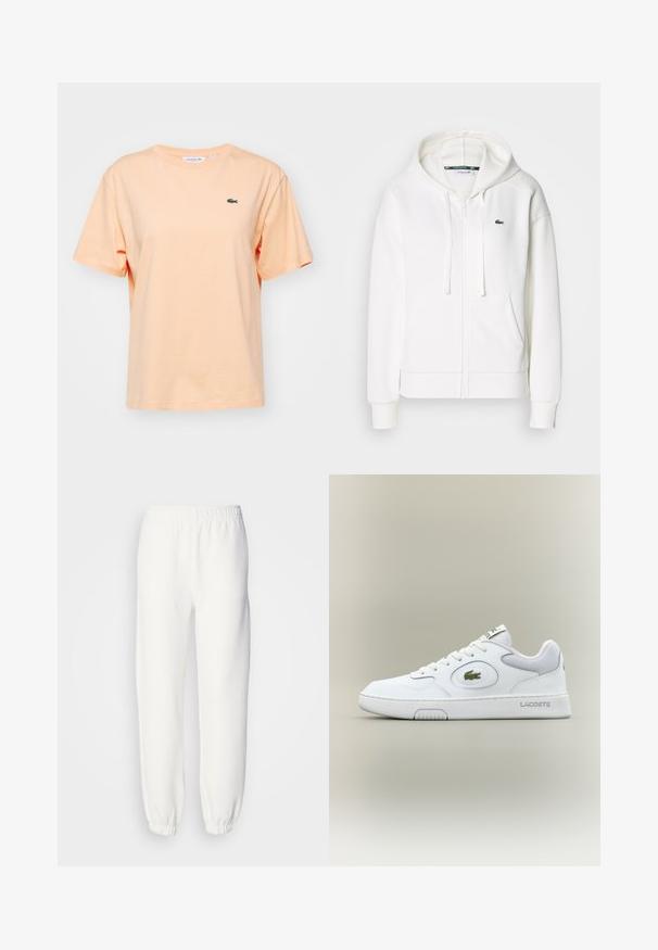 Balta užtrauktuku uždaroma hoodie pagaminta iš minkštos medžiagos, su kapišonu, kengūros kišenėmis ir mažuoju žaliuoju Lacoste logotipu kairėje krūtinės pusėje.; Persikas medvilninis marškinėliai trumpomis rankovėmis ir apvaliu kaklu. Priekyje yra mažas žalias „Lacoste“ krokodilo logotipas.; Balti sportiniai džinsai, pagaminti iš minkštos, megztos medžiagos. Elastinga juosta ir rankogaliai suteikia patogų prigludimą. Minimalistinis dizainas, be matomų raštų ar akcentų.; Balti odiniai sportbačiai su tinkliniu akcentu, apvaliu nosiu ir plokščiomis raištelėmis. Ant kulno yra žalias krokodilo logotipas ir "LACOSTE" prekės ženklas.