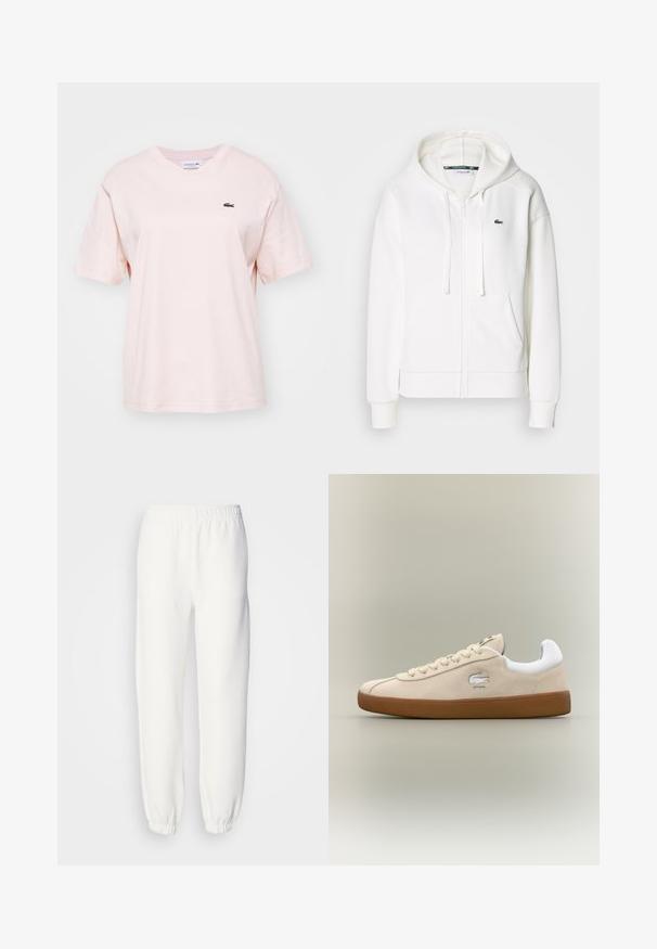 White zip-up hoodie made of soft fabric, featuring a hood, kangaroo pockets, and a small green Lacoste logo on the left chest.; Light pink cotton t-shirt with short sleeves, crew neckline, and small green Lacoste logo on the left chest. Soft texture, relaxed fit.; White sweatpants made of soft, knitted fabric. Elastic waistband and cuffs provide a relaxed fit. Minimalist design, no visible patterns or accents.; Beige suede sneaker with white accents and rubber sole. Features a raised logo on the side and contrasting beige laces. Classic design.