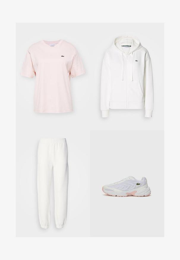 Bílá mikina na zip vyrobená z měkké látky, s kapucí, klokankovými kapsami a malým zeleným logem Lacoste na levé straně hrudi.; Světle růžové bavlněné tričko s krátkým rukávem, kulatým výstřihem a malým zeleným logem Lacoste na levé hrudi. Měkká textura, volný střih.; Bílé tepláky vyrobené z měkké pleteniny. Elastický pás a manžety zajišťují pohodlný střih. Minimalistický design, žádné viditelné vzory nebo akcenty.; Bílé sportovní boty s texturovaným meshovým svrškem, jemnými růžovými akcenty na podrážce a zeleným krokodýlím logem na boku.