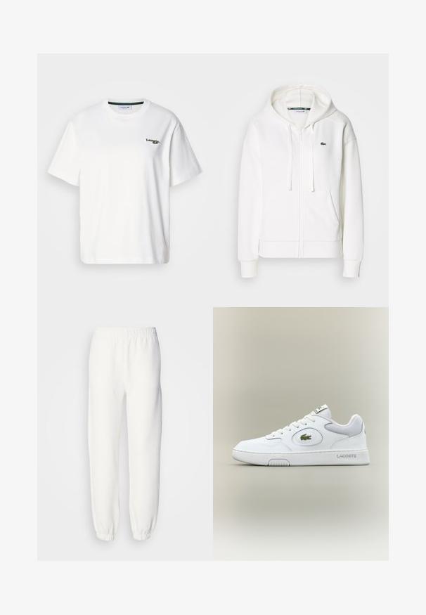 Valkoinen vetoketjuhuppari, joka on valmistettu pehmeästä kankaasta. Tässä hupparissa on huppu, kengurupocketit ja pieni vihreä Lacosten logo vasemmalla rinnalla.; Valkoinen puuvillainen t-paita rentouttavalla istuvuudella, jossa on vihreä brodeerattu logo vasemmassa rinnassa ja pyöreä kaula-aukko. Sileä pinta.; Valkoiset collegehousut, jotka on valmistettu pehmeästä neulottusta kankaasta. Joustava vyötärö ja hihansuut tarjoavat rennon istuvuuden. Minimalistinen muotoilu, ei näkyviä kuvioita tai yksityiskohtia.; Valkoinen nahkainen tennari verkkokudoksilla, pyöreällä kärjellä ja tasaisilla nauhoilla. Varustettu vihreällä krokotiililogolla ja "LACOSTE" -brändillä kantapäässä.