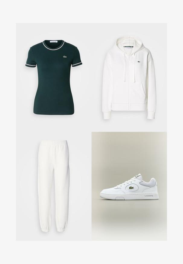 Balta užtrauktuku uždaroma hoodie pagaminta iš minkštos medžiagos, su kapišonu, kengūros kišenėmis ir mažuoju žaliuoju Lacoste logotipu kairėje krūtinės pusėje.; Tamsiai žalia trumpomis rankovėmis marškinėliai, prigludusios struktūros, su baltais apykaklės ir rankovių apdaila, ant krūtinės yra mažas Lacoste logotipas.; Balti sportiniai džinsai, pagaminti iš minkštos, megztos medžiagos. Elastinga juosta ir rankogaliai suteikia patogų prigludimą. Minimalistinis dizainas, be matomų raštų ar akcentų.; Balti odiniai sportbačiai su tinkliniu akcentu, apvaliu nosiu ir plokščiomis raištelėmis. Ant kulno yra žalias krokodilo logotipas ir "LACOSTE" prekės ženklas.