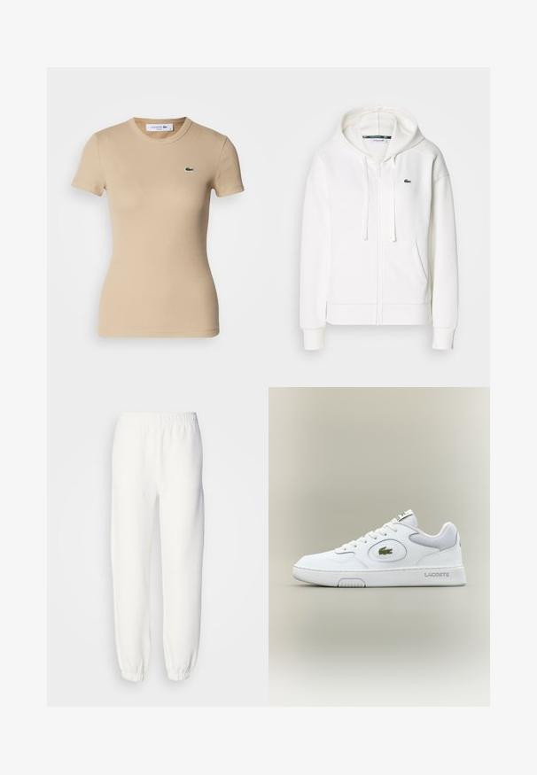 Fehér cipzáras kapucnis pulóver, puha anyagból, kapucnival, kenguru zsebekkel és egy kis zöld Lacoste logóval a bal mellen.; Beige bordázott pamut póló rövid ujjakkal, kerek nyakkivágással, testhez simuló fazonnal, és egy kis zöld Lacoste logóval a bal mellkasán.; Fehér melegítőnadrág puha, kötött anyagból. Rugalmas derékpánt és szegélyek lazán illeszkednek. Minimalista dizájn, látható minták vagy díszítések nélkül.; Fehér bőr sneaker hálós részletekkel, kerek orral és lapos fűzőkkel. Zöld krokodil logóval és "LACOSTE" felirattal a saroknál.
