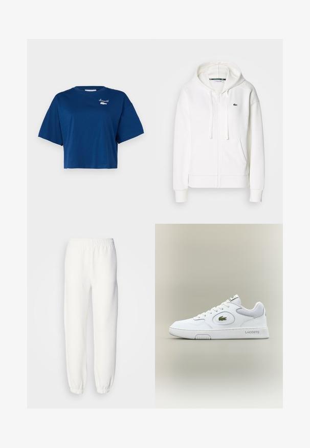 White zip-up hoodie made of soft fabric, featuring a hood, kangaroo pockets, and a small green Lacoste logo on the left chest.; Cropped, short-sleeve t-shirt in navy blue cotton. Features white embroidered brand logo on the chest. Smooth texture with a round neckline.; White sweatpants made of soft, knitted fabric. Elastic waistband and cuffs provide a relaxed fit. Minimalist design, no visible patterns or accents.; White leather sneaker with mesh accents, round toe, and flat laces. Features a green crocodile logo and "LACOSTE" branding on the heel.