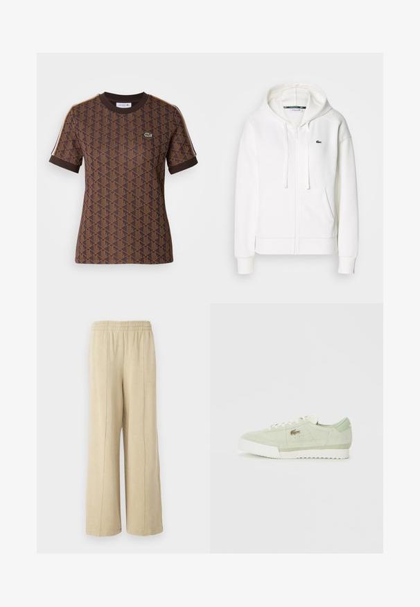 Vit zip-up hoodie gjord av mjukt tyg, med en huva, kängurufickor och en liten grön Lacoste-logga på vänster bröst.; Brun kortärmad T-shirt med ett geometriskt mönster i mörkare brunt, en ribbad rund halsringning och kontrasterande axelränder. Lacoste-logotyp närvarande.; Beige vida byxor med elastisk midja och synliga sidansömmer. Tillverkade av mjukt tyg med en smidig yta.; Ljusgrön mockaskor med vit sula och snören, låg toppdesign och liten metallisk logotyp på sidan.