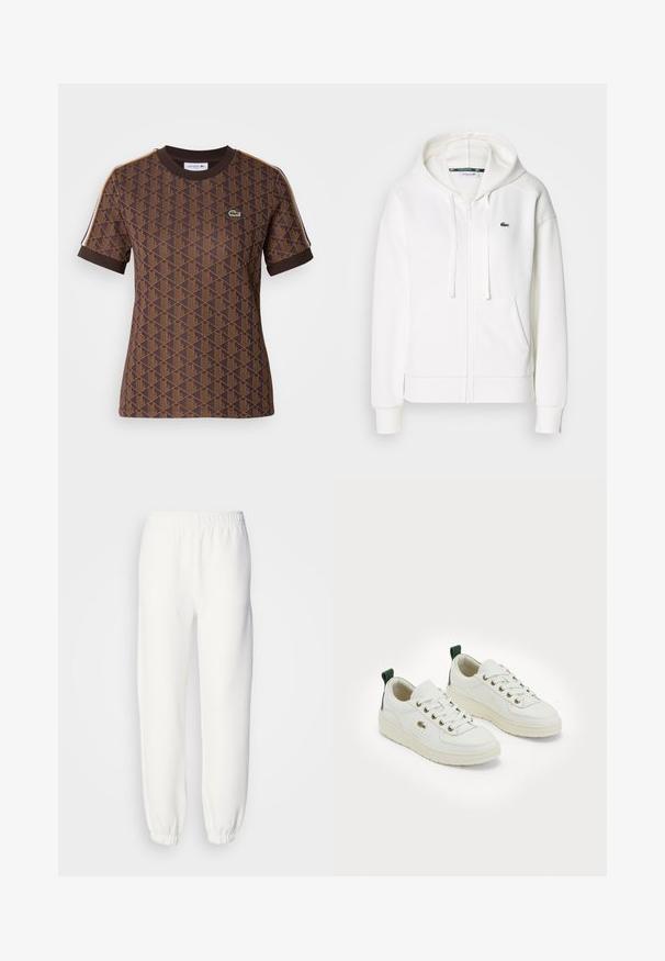 Balts zip-up kapuci džemperis, izgatavots no mīkstas auduma, ar kapuci, kangoru kabatām un mazu zaļu Lacoste logotipu kreisajā krūtī.; Brahms īsām T-kreklu ar īsām piedurknēm, kas rotāts ar ģeometrisku rakstu tumšāk brūnā tonī, ribināts apļveida kakla izgriezums un kontrastējošas plecu lentes. Ir redzams Lacoste logo.; Baltās sporta bikses, kas izgatavotas no mīksta adīta auduma. Elastīga josta un piedurknes nodrošina brīvu piegriezumu. Minimālistisks dizains, bez redzamām rakstu vai akcentu detaļām.; Baltas ādas sporta apavi ar noapaļotu purngalu, zeltainām acīm, plakanu auklu un zaļu akcentu uz papēža. Aprīkoti ar teksturētu gumijas zoli.