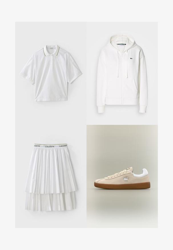 Bela zip-up kapuca iz mehkega materiala, z kapuco, kenguru žepi in majhnim zelenim Lacoste logotipom na levi strani prsnega koša.; Bela polo majica s kratkimi rokavi, ki ima gumbasto zapiranje, z zelenimi in rumenimi poudarki na ovratniku ter stranskimi mrežastimi detajli. Prisoten je LACOSTE logotip.; Bela plisirana krila z teksturiranim dizajnom, ki ima blagovno znamko na elastičnem pasu. Material ima gladko površino s plasti segmentov.; Bež usnjeni športni copati z belimi poudarki in gumijastim podplatom. Imajo izbočeno logotip na strani in kontrastne bež vezalke. Klasična zasnova.