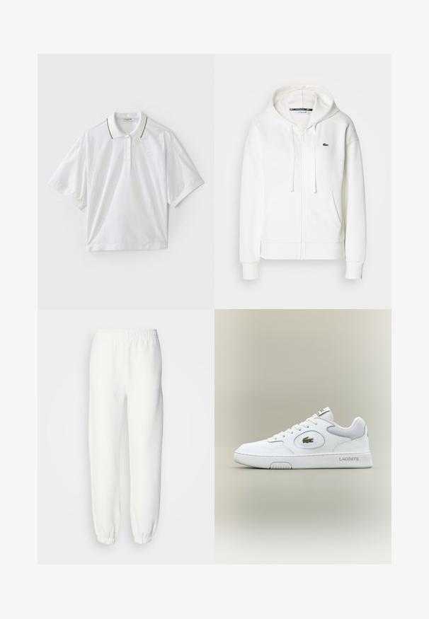 Λευκή φούτερ ζακέτα με μαλακό ύφασμα, διαθέτει κουκούλα, τσέπες καγκουρό και ένα μικρό πράσινο λογότυπο Lacoste στο αριστερό στήθος.; Λευκό πόλο μπλουζάκι με κοντά μανίκια, με κουμπωτή μπροστινή πλάκα, πράσινους και κίτρινους τόνους στον γιακά και λεπτομέρειες από δίχτυ στα πλάγια. Παρόν το λογότυπο LACOSTE.; Λευκά φόρμας από μαλακό, πλεγμένο ύφασμα. Ελαστική μέση και μανσέτες προσφέρουν άνετη εφαρμογή. Μινιμαλιστικός σχεδιασμός, χωρίς ορατά σχέδια ή αξεσουάρ.; Λευκό δερμάτινο αθλητικό παπούτσι με πλέγμα, στρογγυλή μύτη και επίπεδες κορδόνες. Διαθέτει πράσινο λογότυπο κροκοδείλου και σήμα "LACOSTE" στη φτέρνα.