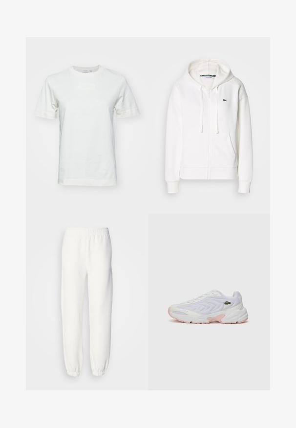Bela zip-up kapuca iz mehkega materiala, z kapuco, kenguru žepi in majhnim zelenim Lacoste logotipom na levi strani prsnega koša.; Bela bomba iz 100% bombaža s kratkimi rokavi, okroglim izrezom in teksturiranim logotipom "LACOSTE" spredaj. Gladka tkanina z običajnim krojem.; Bele trenerke iz mehke pletene tkanine. Elastičen pas in manšete zagotavljajo sproščen fit. Minimalističen dizajn, brez vidnih vzorcev ali poudarkov.; Bele športne čevlje z teksturirano mrežasto zgornjim delom, subtilnimi rožnatimi akcenti na podplatu in zelenim krokodilovim logotipom na strani.
