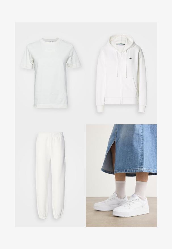 Witte zip-up hoodie gemaakt van zachte stof, met een capuchon, kangoeroezakken en een klein groen Lacoste-logo op de linkerborst.; Witte katoenen t-shirt met korte mouwen, ronde hals en een gestructureerd "LACOSTE" logo op de voorkant. Gladde stof met een normale pasvorm.; Witte sweatpants van zacht, gebreid materiaal. De elastische tailleband en boorden zorgen voor een ontspannen pasvorm. Minimalistisch ontwerp, zonder zichtbare patronen of accenten.; Witte sneakers van textiel leer, met een platformzool, ronde neus en vetersluiting; gecombineerd met lichtgrijze crew-sokken en een spijkerrok.
