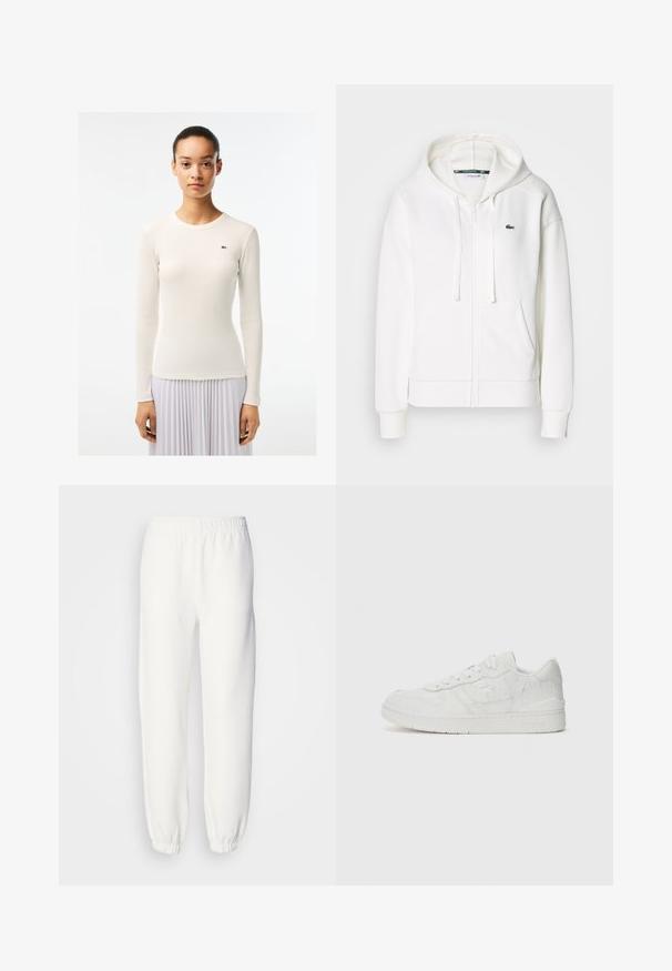 Weißer Reißverschluss-Hoodie aus weichem Stoff, mit Kapuze, Kängurutaschen und einem kleinen grünen Lacoste-Logo auf der linken Brust.; Weißes Langarmoberteil mit gerippter Textur und rundem Ausschnitt, mit einem kleinen grünen Logo auf der linken Seite. Glatte Stoffoberfläche.; Weiße Sweatpants aus weichem, gestricktem Stoff. Der elastische Bund und die Bündchen sorgen für eine bequeme Passform. Minimalistisches Design, ohne sichtbare Muster oder Akzente.; Lacoste T CLIP 125 - Sneaker low - white