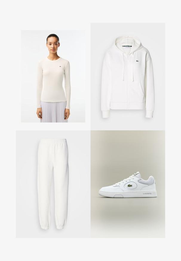 Bijela zip-up dukserica od mekanog materijala, s kapuljačom, kengur džepovima i malim zelenim Lacoste logom na lijevoj strani grudi.; Bijela majica dugih rukava s rebrastom teksturom i okruglim izrezom, s malim zelenim logotipom na lijevoj strani. Glatka tkanina.; Bijele dukserice od mekog, pletenog materijala. Elastična pojas i manžetne pružaju opuštenu siluetu. Minimalistički dizajn, bez vidljivih uzoraka ili detalja.; Bijele kožne tenisice s mrežastim detaljima, okruglim vrhom i ravnim vezicama. Imaju zeleni krokodil logo i "LACOSTE" marku na peti.