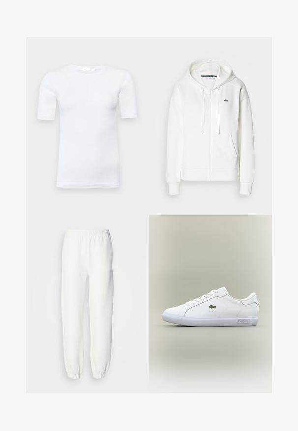 Veste à zip blanche en tissu doux, dotée d'une capuche, de poches kangourou et d'un petit logo vert Lacoste sur la poitrine gauche.; T-shirt blanc à manches courtes en coton. Il présente un col rond et une texture lisse, avec des coutures minimales visibles à l'ourlet.; Pantalon de survêtement blanc en tissu tricoté doux. La taille et les poignets élastiques assurent une coupe décontractée. Design minimaliste, sans motifs ni accents visibles.; Baskets basses blanches avec lacets blancs, logo crocodile vert sur le côté et étiquette "Lacoste" sur la semelle, le tout sur un fond neutre.