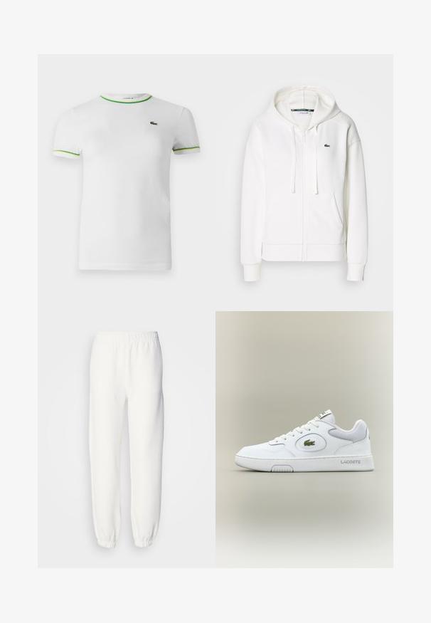 Weißer Reißverschluss-Hoodie aus weichem Stoff, mit Kapuze, Kängurutaschen und einem kleinen grünen Lacoste-Logo auf der linken Brust.; Weißes Baumwoll-T-Shirt mit kurzen Ärmeln, runder Ausschnitt und grünen sowie gelben Ripp-Details am Kragen und den Ärmelabschlüssen. Lacoste-Logo auf der Brust.; Weiße Sweatpants aus weichem, gestricktem Stoff. Der elastische Bund und die Bündchen sorgen für eine bequeme Passform. Minimalistisches Design, ohne sichtbare Muster oder Akzente.; Weiße Leder Sneaker mit Mesh-Akzenten, runder Zehenpartie und flachen Schnürsenkeln. Mit grünem Krokodil-Logo und "LACOSTE"-Branding an der Ferse.