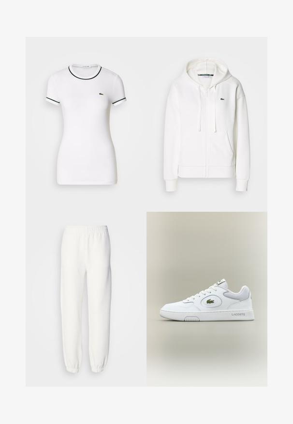 Hanorac alb cu fermoar, realizat dintr-un material moale, având glugă, buzunare tip cangur și un mic logo verde Lacoste pe partea stângă a pieptului.; Tricou alb cu mânecă scurtă, cu accente ribbate verzi la guler și la mâneci, având un mic logo verde Lacoste pe pieptul stâng.; Pantaloni de trening albi dintr-un material tricotat moale. Talie și manșete elastice pentru un confort sporit. Design minimalist, fără modele sau accente vizibile.; Adidași din piele albă cu accente din plasă, vârf rotund și șireturi plate. Prezintă un logo de crocodil verde și branding "LACOSTE" pe călcâi.