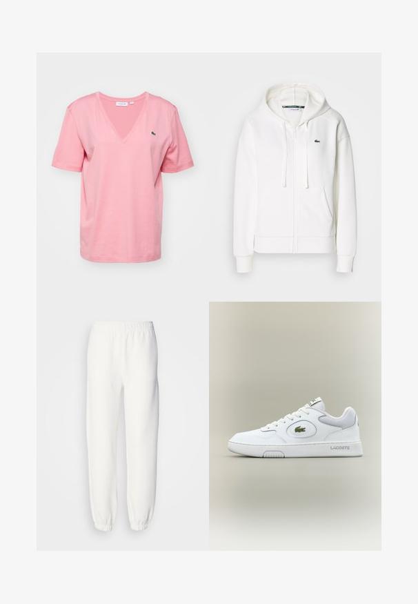Valkoinen vetoketjuhuppari, joka on valmistettu pehmeästä kankaasta. Tässä hupparissa on huppu, kengurupocketit ja pieni vihreä Lacosten logo vasemmalla rinnalla.; Vaaleanpunainen puuvillapaita, jossa on V-pääntie, lyhyet hihat ja hienovarainen Lacoste-logo rinnassa. Sileä rakenne ja rento malli.; Valkoiset collegehousut, jotka on valmistettu pehmeästä neulottusta kankaasta. Joustava vyötärö ja hihansuut tarjoavat rennon istuvuuden. Minimalistinen muotoilu, ei näkyviä kuvioita tai yksityiskohtia.; Valkoinen nahkainen tennari verkkokudoksilla, pyöreällä kärjellä ja tasaisilla nauhoilla. Varustettu vihreällä krokotiililogolla ja "LACOSTE" -brändillä kantapäässä.