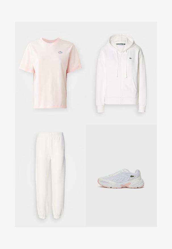 Sweatshirt branca com fecho éclair, feita de um tecido macio, com capuz, bolsos tipo canguru e um pequeno logótipo verde da Lacoste no lado esquerdo do peito.; T-shirt de algodão rosa claro com decote redondo, mangas curtas e um pequeno logo de crocodilo azul no lado esquerdo do peito.; Calças de fato de treino brancas feitas de um tecido malha suave. A cintura elástica e os punhos proporcionam um ajuste relaxado. Design minimalista, sem padrões ou acentos visíveis.; Tênis atléticos brancos com um cabedal de malha texturizada, detalhes em rosa suave na sola e um logótipo de crocodilo verde na lateral.