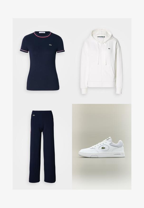 Sweatshirt branca com fecho éclair, feita de um tecido macio, com capuz, bolsos tipo canguru e um pequeno logótipo verde da Lacoste no lado esquerdo do peito.; T-shirt de algodão azul marinho com gola redonda, mangas curtas e detalhes em vermelho e branco. Apresenta um pequeno logotipo verde no lado esquerdo do peito.; Calças largas azul marinho com uma textura suave, apresentando uma cintura canelada e um pequeno logo verde na parte da frente, destacando um design limpo.; Sapatilha de couro branco com detalhes em malha, bico redondo e atacadores planos. Apresenta um logo de crocodilo verde e a marca "LACOSTE" no calcanhar.