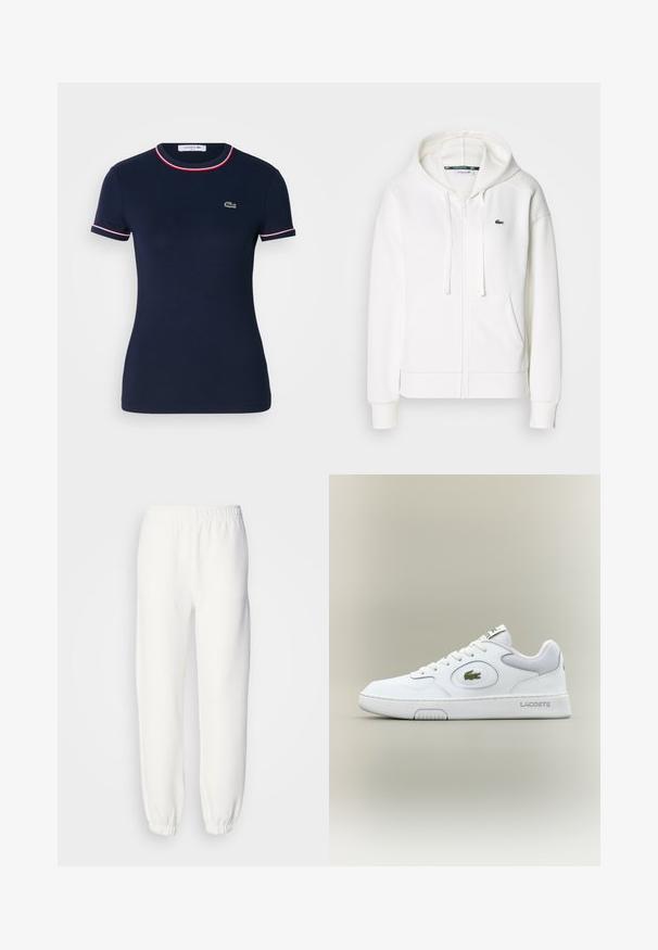 Fehér cipzáras kapucnis pulóver, puha anyagból, kapucnival, kenguru zsebekkel és egy kis zöld Lacoste logóval a bal mellen.; Sötétkék pamut póló kerek nyakkal, rövid ujjakkal, piros és fehér díszítéssel. Bal mellen kis zöld logó található.; Fehér melegítőnadrág puha, kötött anyagból. Rugalmas derékpánt és szegélyek lazán illeszkednek. Minimalista dizájn, látható minták vagy díszítések nélkül.; Fehér bőr sneaker hálós részletekkel, kerek orral és lapos fűzőkkel. Zöld krokodil logóval és "LACOSTE" felirattal a saroknál.