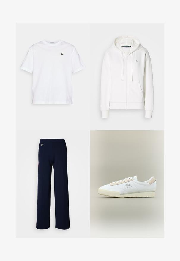 Hvid zip hoodie lavet af blødt stof, med hætte, kængurulommer og et lille grønt Lacoste-logo på venstre bryst.; Hvid bomulds T-shirt med rund halsudskæring og korte ærmer. Har et grønt broderet logo på brystet. Blød tekstur, afslappet pasform.; Mørkeblå vidde bukser med en blød tekstur, der har en ribbet talje og et lille grønt logo foran, som fremhæver et rent design.; Hvide lædersneakers med en beige ruskindsdetalje. Har en rund tå, flade snørebånd og en tekstureret sål. Lacoste-logo på siden.