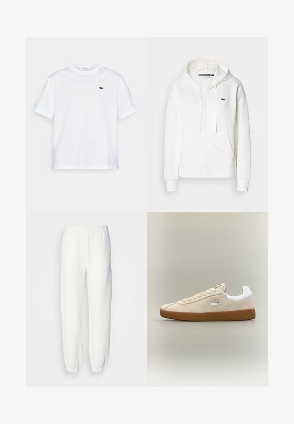 Fehér cipzáras kapucnis pulóver, puha anyagból, kapucnival, kenguru zsebekkel és egy kis zöld Lacoste logóval a bal mellen.; Fehér pamut póló, kerek nyakkivágással és rövid ujjakkal. A mellkason zöld hímzett logóval rendelkezik. Puha tapintású, laza szabású.; Fehér melegítőnadrág puha, kötött anyagból. Rugalmas derékpánt és szegélyek lazán illeszkednek. Minimalista dizájn, látható minták vagy díszítések nélkül.; Beige velúr sportcipő fehér részletekkel és gumitalppal. Oldalán kiemelkedő logóval és kontrasztos bézs fűzőkkel rendelkezik. Klasszikus dizájn.
