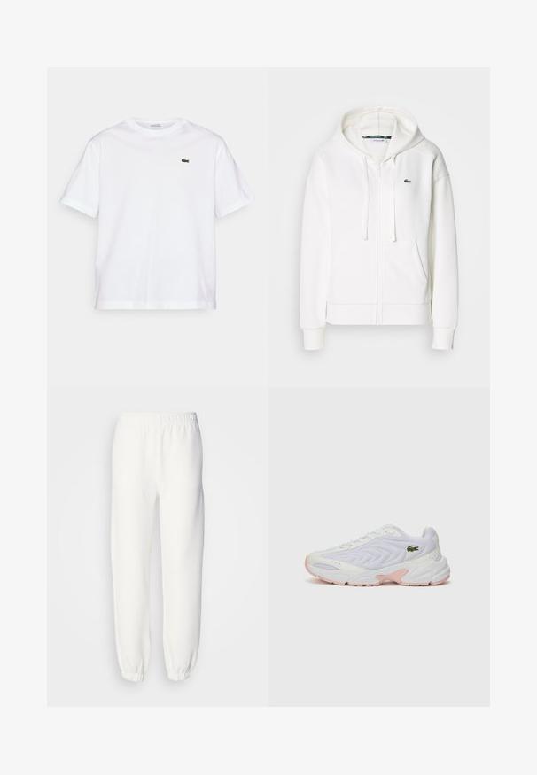 Balta užtrauktuku uždaroma hoodie pagaminta iš minkštos medžiagos, su kapišonu, kengūros kišenėmis ir mažuoju žaliuoju Lacoste logotipu kairėje krūtinės pusėje.; Balta medvilninė marškinė su apvalia iškirpte ir trumpomis rankovėmis. Pirmoje pusėje priklijuotas žalias siuvinėtas logotipas. Minkšta tekstūra, laisvas siluetas.; Balti sportiniai džinsai, pagaminti iš minkštos, megztos medžiagos. Elastinga juosta ir rankogaliai suteikia patogų prigludimą. Minimalistinis dizainas, be matomų raštų ar akcentų.; Baltos sportinės avalynės su tekstūruota tinkline viršutine dalimi, subtiliomis rožinėmis detalėmis ant pado ir žaliu krokodilo logotipu šone.
