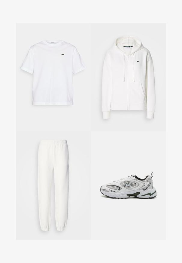 Weißer Reißverschluss-Hoodie aus weichem Stoff, mit Kapuze, Kängurutaschen und einem kleinen grünen Lacoste-Logo auf der linken Brust.; Weißes Baumwoll-T-Shirt mit rundem Halsausschnitt und kurzen Ärmeln. Mit grün gesticktem Logo auf der Brust. Weiche Textur, lässige Passform.; Weiße Sweatpants aus weichem, gestricktem Stoff. Der elastische Bund und die Bündchen sorgen für eine bequeme Passform. Minimalistisches Design, ohne sichtbare Muster oder Akzente.; Weiße Sportschuhe mit Netzpanelen, schwarzen Akzenten und einer strukturierten Sohle. Sie bieten ein schlankes Design und ein auffälliges Logo an der Seite.