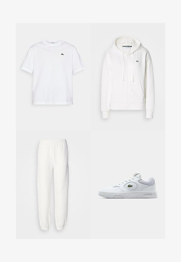 Fehér cipzáras kapucnis pulóver, puha anyagból, kapucnival, kenguru zsebekkel és egy kis zöld Lacoste logóval a bal mellen.; Fehér pamut póló, kerek nyakkivágással és rövid ujjakkal. A mellkason zöld hímzett logóval rendelkezik. Puha tapintású, laza szabású.; Fehér melegítőnadrág puha, kötött anyagból. Rugalmas derékpánt és szegélyek lazán illeszkednek. Minimalista dizájn, látható minták vagy díszítések nélkül.; Fehér sneaker szintetikus felsőrésszel, kerek orral és perforált díszítésekkel. Zöld hímzett logóval, lapos fűzőkkel és texturált talppal rendelkezik.