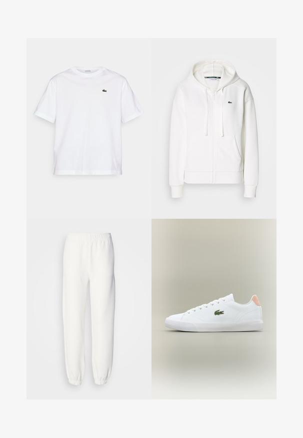 Balts zip-up kapuci džemperis, izgatavots no mīkstas auduma, ar kapuci, kangoru kabatām un mazu zaļu Lacoste logotipu kreisajā krūtī.; Balta kokvilnas T-kreklu ar apaļu kakla izgriezumu un īsām piedurknēm. Uz krūtīm ir zaļš izšūts logotips. Mīksta tekstūra, brīvi pieguļošs fasona.; Baltās sporta bikses, kas izgatavotas no mīksta adīta auduma. Elastīga josta un piedurknes nodrošina brīvu piegriezumu. Minimālistisks dizains, bez redzamām rakstu vai akcentu detaļām.; Baltā saistāma sporta apavi ar gludu ādas virsmu, tekstūru pirkstu daļu un zaļu izšūtu logo; papildu rozā akcents uz papēža.