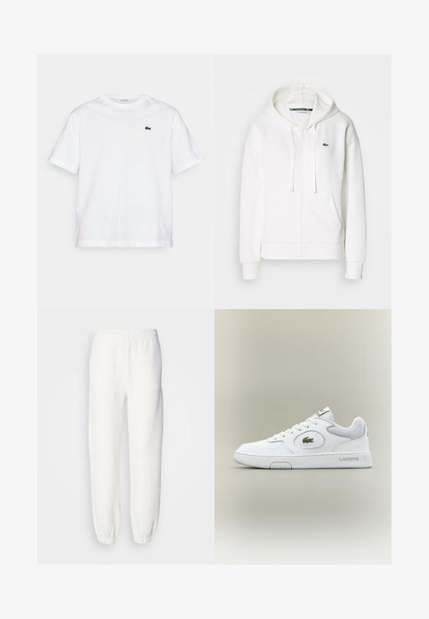 Hanorac alb cu fermoar, realizat dintr-un material moale, având glugă, buzunare tip cangur și un mic logo verde Lacoste pe partea stângă a pieptului.; Tricou alb din bumbac, cu gât rotund și mâneci scurte. Prezintă un logo brodat verde pe piept. Textură moale, croială lejeră.; Pantaloni de trening albi dintr-un material tricotat moale. Talie și manșete elastice pentru un confort sporit. Design minimalist, fără modele sau accente vizibile.; Adidași din piele albă cu accente din plasă, vârf rotund și șireturi plate. Prezintă un logo de crocodil verde și branding "LACOSTE" pe călcâi.