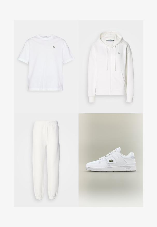 Valkoinen vetoketjuhuppari, joka on valmistettu pehmeästä kankaasta. Tässä hupparissa on huppu, kengurupocketit ja pieni vihreä Lacosten logo vasemmalla rinnalla.; Valkoinen puuvillainen T-paita, jossa on pyöreä pääntie ja lyhyet hihat. Rintataskussa vihreä brodeerattu logo. Pehmeä rakenne, rento istuvuus.; Valkoiset collegehousut, jotka on valmistettu pehmeästä neulottusta kankaasta. Joustava vyötärö ja hihansuut tarjoavat rennon istuvuuden. Minimalistinen muotoilu, ei näkyviä kuvioita tai yksityiskohtia.; Valkoiset nahkakengät, joissa on sileä pinta, pyöreä kärki, puhditusaukot, vihreä krokotiililogo ja "Lacoste"-brändäys sivussa.