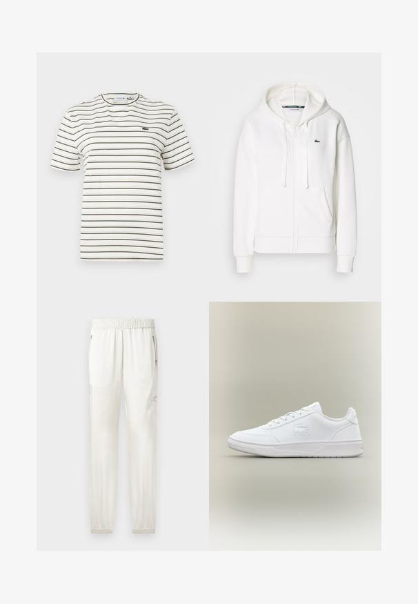 Biely zipsový mikina vyrobená z mäkkej tkaniny, s kapucňou, klokankovými vreckami a malým zeleným logom Lacoste na ľavej hrudi.; Prúhované tričko v bielej farbe s tenkými olivovozelenými pruhmi. Má okrúhly výstrih, krátke rukávy a malé logo Lacoste na hrudi.; Svetlé krémové joggery s elastickým pásom, zúženými manžetami, bočnými vreckami a zipsovými detailmi. Hladký, mierne lesklý povrch látky.; Biele tenisky s hladkým materiálom, zaoblenou špičkou, šnúrkovým uzáverom, diskrétnym logom na boku a textúrovanou podrážkou.