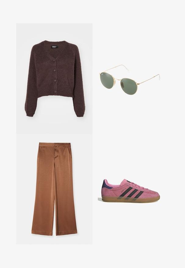 Brown knitted cropped cardigan featuring a V-neckline, six buttons down the front, and ribbed cuffs and hem. Soft texture with loose fit.; Light pink tank top made of soft, stretchy fabric. Features a round neckline and narrow shoulder straps, with a smooth texture and fitted shape.; Brown wide-leg trousers made of satin, featuring side pockets, a smooth texture, and a tailored waistband for a structured fit.; Pink suede sneaker with black stripes, gum sole, and textured purple heel. Features a lace-up design and embossed branding on the side.; Gold metal frame sunglasses with green lenses, round shape, thin temples, and white plastic accents on the tips of the arms.