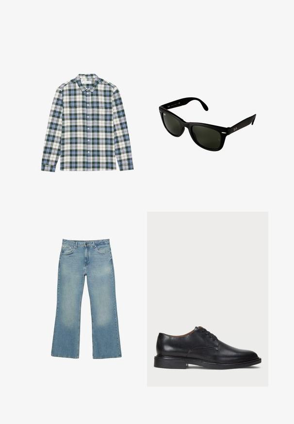 Tummansininen vetoketjullinen huppari, joka on valmistettu puuvillasekoitteesta. Huput on vuorattu, ja siinä on kaksi etutaskua sekä keltainen painettu teksti palmupuun kuvalla.; Vihreä ja valkoinen ruudullinen paita sinisillä yksityiskohdilla, jossa on napilla suljettava kaulus, pitkät hihat ja rintatasku. Valmistettu pehmeästä kankaasta.; Vaalean siniset farkut leveällä lahkeella, joissa on viisi taskua, nappisuljenta ja hienovaraista haalistumista, sekä raaka helma ja kestävä ommel.; Musta nahkakenkä, jossa on pyöreä varvas, nauhakiinnitys ja matala tukipohja. Tasainen pinta, jossa on minimaalinen ommeltu yksityiskohta.; Mustikka muoviset aurinkolasit tummilla vihreillä linsseillä. Neliömäinen kehysornamentti, jossa on hopeiset yksityiskohdat ja kohokuvioitu logo ohjaimessa.