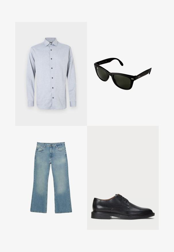 Granatowy, rozpinany hoodie wykonany z mieszanki bawełny, z podszewką kapuzy, dwoma przednimi kieszeniami oraz żółtym nadrukiem z motywem palmy.; Jasnoniebieska koszula z długim rękawem o subtelnym, teksturowanym wzorze, z klasycznym kołnierzykiem i ciemnymi guzikami na przodzie.; Jasnoniebieskie dżinsy typu wide-leg z pięcioma kieszeniami, z zapięciem na guzik i subtelnym wyblaknięciem, charakteryzujące się surowym dołem i mocnym przeszyciem.; Czarne skórzane buty wizytowe z okrągłym noskiem, sznurowanym zapięciem i niskim, warstwowym obcasem. Gładka faktura z minimalnymi detalami stębnowania.; Czarne plastikowe okulary przeciwsłoneczne z ciemnozielonymi soczewkami. Kwadratowy kształt oprawek z metalicznymi akcentami i wytłoczonym logo na zauszniku.