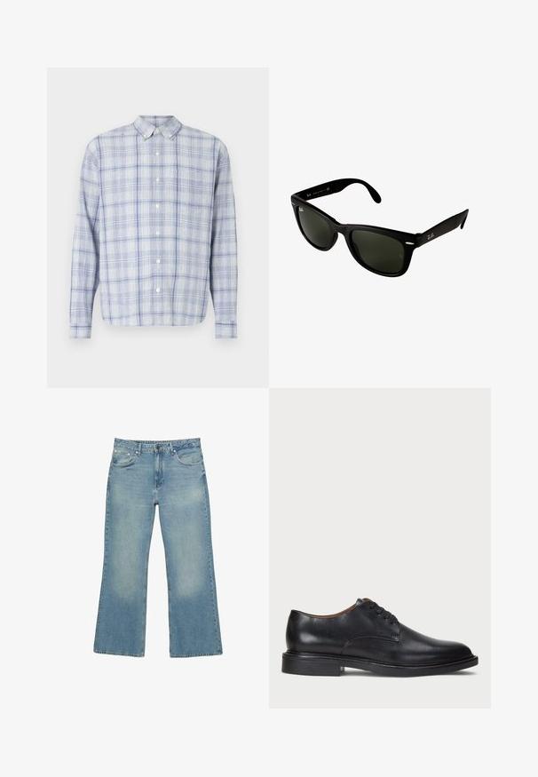 Mornarsko plava majica s kapuljačom na zatvarač izrađena od mješavine pamuka, s obloženom kapuljačom, dva prednja džepa i žutim ispisanim tekstom s motivom palme.; Košulja dugih rukava s gumbima u svijetloplavom i bijelom karo uzorku. Ima klasičan ovratnik i mekano, teksturirano platno.; Svijetloplavi traper široki traperice s pet džepova, zatvaranjem na gumb i suptilnim izbljeđivanjem, s sirokom obrubom i čvrstim šavovima.; Crne kožne cipele s okruglim vrhom, vezanjem i niskim stogom. Glatka tekstura s minimalnim šavovima.; Crne plastične sunčane naočale s tamnozelenim staklima. Kvadratni dizajn okvira ima srebrne akcentne detalje i ugravirani logo na sljepoočnici.