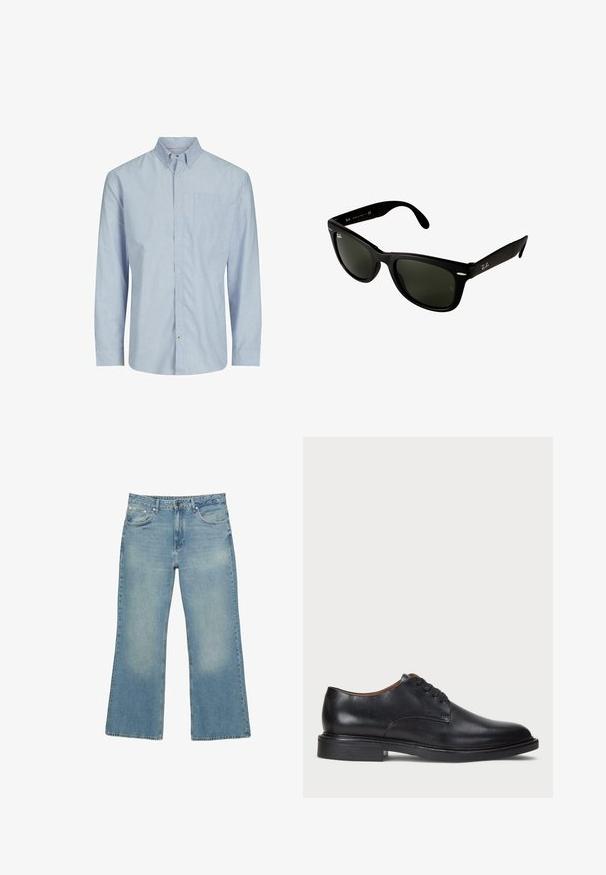 Námorníck blue zipsová mikina vyrobená z bavlnenej zmesi, s podšívkou kapucňou, dvoma prednými vreckami a žltým potlačeným textom s dizajnom palmy.; Prúhovaná košeľa s dlhým rukávom v svetlo modrej a bielej farbe, s golierom na zapínanie, vreckom na hrudi a rovnými líniami. Zloženie z bavlny.; Biela dlhá rukávová henley košeľa s tromi gombíkmi a okrúhlym výstrihom, vystavená na jednoduchom bielom pozadí.; Svetlomodré denimové nohavice s širokými nohavicami, piatimi vreckami, zapínaním na gombík a jemným opotrebovaním, so surovým lemom a pevným šitím.; Čierne kožené spoločenské topánky s okrúhlym špičkou, šnurovacím dizajnom a nízkym zloženým podpätkom. Hladký povrch s minimálnymi švovými detailmi.; Čierne plastové slnečné okuliare s tmavozelenými sklami. Tento štvorecový rám má strieborné akcenty a vyrazené logo na spánku.