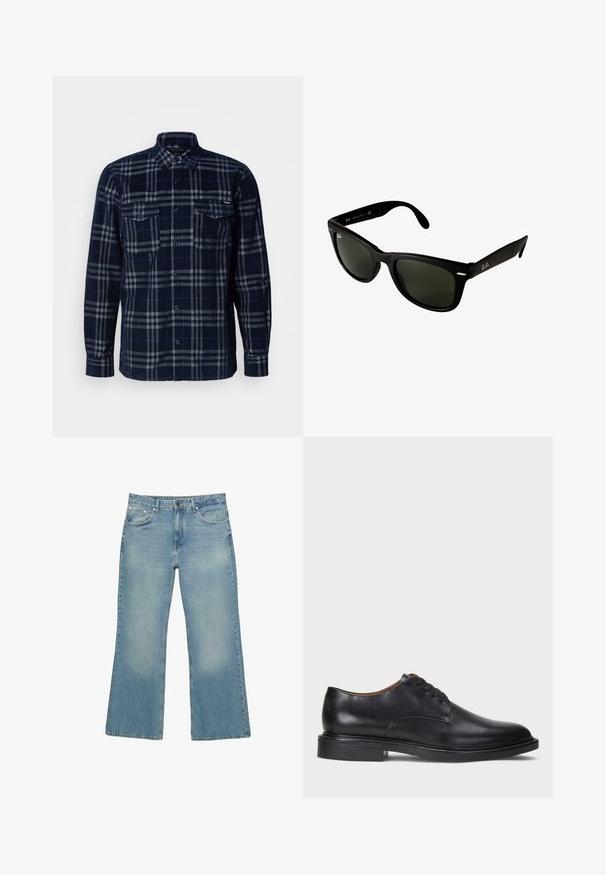 Sweat à capuche zippé bleu marine en mélange de coton, doté d'une capuche doublée, de deux poches avant et d'un texte imprimé jaune avec un design de palmier.; Chemise bleu marine à boutons avec un motif en plaid gris, deux poches poitrine avec rabats à boutons et un col plié.; Jeans en denim bleu clair à jambes larges avec cinq poches, fermeture à bouton et décoloration subtil, présentant un ourlet brut et une couture solide.; Chaussure de ville en cuir noir avec un bout rond, un laçage et un petit talon empilé. Texture lisse avec des détails de couture minimaux.; Lunettes de soleil en plastique noir avec des verres vert foncé. La monture carrée présente des accents argentés et un logo en relief sur la branche.