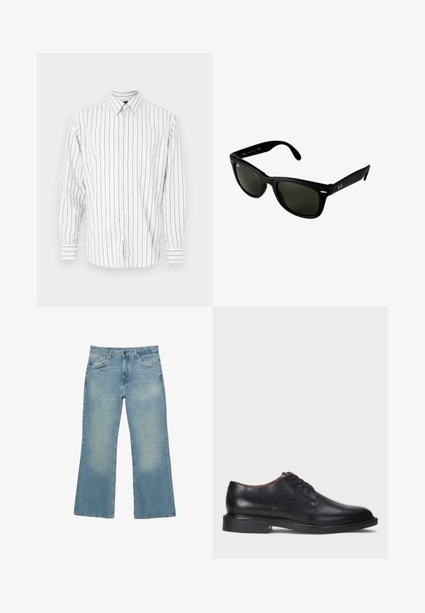 Tummansininen vetoketjullinen huppari, joka on valmistettu puuvillasekoitteesta. Huput on vuorattu, ja siinä on kaksi etutaskua sekä keltainen painettu teksti palmupuun kuvalla.; Miesten valkoinen pitkähihainen napillinen paita, jossa on vaaleansiniset ja harmaat pystysuorat raidat, klassinen kaulus ja yksittäinen rintatasku.; Vaalean siniset farkut leveällä lahkeella, joissa on viisi taskua, nappisuljenta ja hienovaraista haalistumista, sekä raaka helma ja kestävä ommel.; Musta nahkakenkä, jossa on pyöreä varvas, nauhakiinnitys ja matala tukipohja. Tasainen pinta, jossa on minimaalinen ommeltu yksityiskohta.; Mustikka muoviset aurinkolasit tummilla vihreillä linsseillä. Neliömäinen kehysornamentti, jossa on hopeiset yksityiskohdat ja kohokuvioitu logo ohjaimessa.