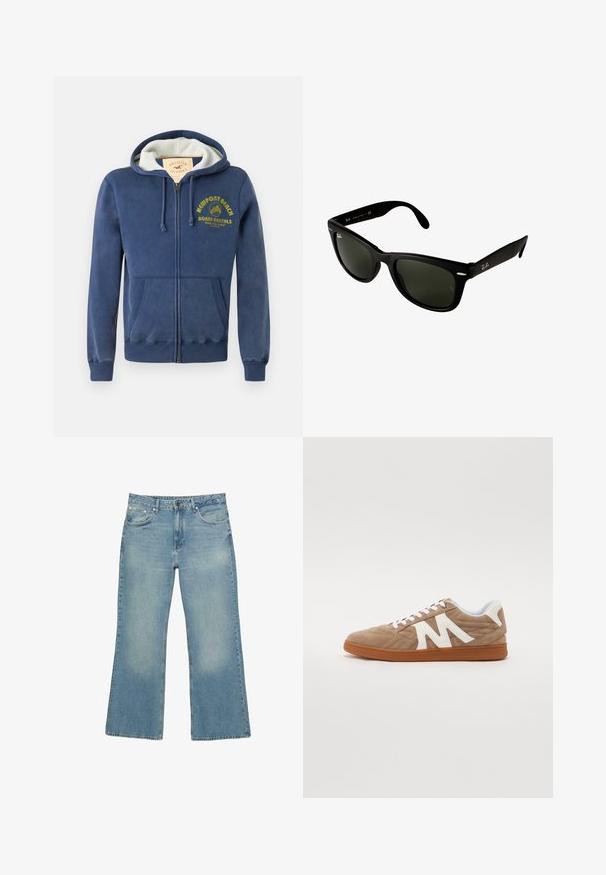 Navy blue zip-up hoodie made of cotton blend, featuring a lined hood, two front pockets, and yellow printed text with a palm tree design.; White long-sleeve henley shirt with three buttons and a round neckline, displayed on a plain white background.; Light blue denim wide-leg jeans with five pockets, button closure, and subtle fading, featuring a raw hem and sturdy stitching.; Lace-up sneaker with a brown suede upper, white fabric accents, quilted design, and a brown rubber sole. Features a prominent "M" logo.; Black plastic sunglasses with dark green lenses. Square frame design features silver accents and an embossed logo on the temple.