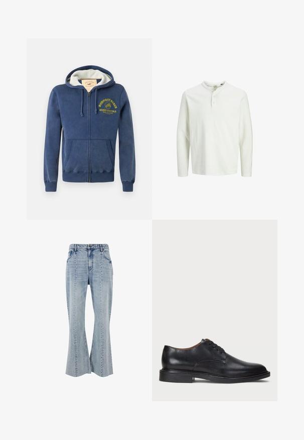 Tamsiai mėlynas zip-up džemperis, pagamintas iš medvilnės mišinio, turintis pamuštą gobtuvą, dvi priekinės kišenes ir geltoną spausdintą tekstą su palmės medžio motyvu.; Balta ilga rankovė henley marškinėliai su trimis mygtukais ir apvalia iškirpte, rodomi ant paprasto balto fono.; Šviesiai mėlynos džinsinės kelnes su plačiais kojomis, priekinėmis kišenėmis, matomu siuvimu ir juosmens dalimi su diržo kilputėmis. Klasikinis penkių kišenių dizainas.; Juodas odinis suknių batelis su apvalia nosimi, raišteliais ir žemu, sukrautu kulnu. Lygus paviršius su minimaliais siuvinėjimo detalėmis.