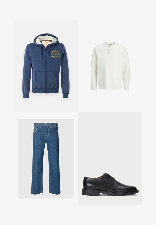 Tamsiai mėlynas zip-up džemperis, pagamintas iš medvilnės mišinio, turintis pamuštą gobtuvą, dvi priekinės kišenes ir geltoną spausdintą tekstą su palmės medžio motyvu.; Balta ilga rankovė henley marškinėliai su trimis mygtukais ir apvalia iškirpte, rodomi ant paprasto balto fono.; Mėlyni džinsai su tiesiomis kojomis, turintys penkis kišenes, užsegimą mygtuku ir matomus siuvimo detalės.; Juodas odinis suknių batelis su apvalia nosimi, raišteliais ir žemu, sukrautu kulnu. Lygus paviršius su minimaliais siuvinėjimo detalėmis.