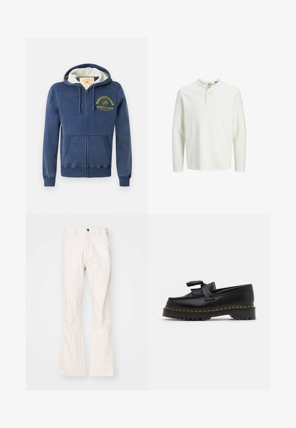 Tumesinine tõmbluku tüüpi kapuutsiga sviiter, mis on valmistatud puuvillasegust, varustatud voodriga kapuutsi, kahe ees oleva tasku ja kollase trükitud tekstiga palmipuude kujundusega.; Valge pika varrukaga henley särk kolme nupuga ja ümmarguse kraega, esitatud lihtsal valgel taustal.; Kreemjate värvi flared-püksid vertikaalsete punaste triipudega, millel on nööbiklipp, küljetaskud ja pehme tekstuur.; Mustmust musta loafer, millel on frantsiisi aktsent, paks must tald ja kollane õmblus servas. Tekstuuriga viimistlus.