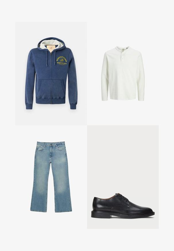Sötétkék cipzáras kapucnis pulóver pamut keverékből, bélelt kapucnival, két elülső zsebbel és sárga nyomtatott szöveggel, pálmafás mintával.; Fehér, hosszú ujjú henley póló három gombbal és kerek nyakkal, egyszínű fehér háttéren bemutatva.; Világoskék farmer széles lábú nadrág öt zsebbel, gombos zárással és enyhe kopással, nyers szegéllyel és robusztus varrással.; Fekete bőrből készült dresszcipő kerek orral, fűzős kialakítással és alacsony, rétegelt sarkával. Simás felület minimális varrási részletekkel.