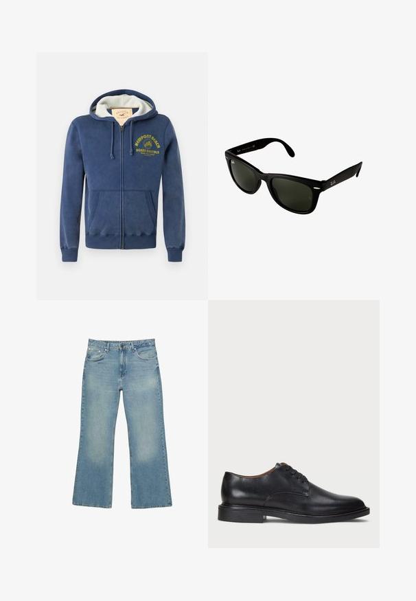 Felpa con zip blu navy realizzata in misto cotone, dotata di cappuccio foderato, due tasche frontali e testo stampato giallo con design di palma.; Camicia henley bianca a maniche lunghe con tre bottoni e scollatura rotonda, esposta su uno sfondo bianco semplice.; Jeans ampi in denim blu chiaro con cinque tasche, chiusura con bottone e lieve sfumatura, caratterizzati da orlo grezzo e cuciture resistenti.; Scarpa da uomo in pelle nera con punta rotonda, design con lacci e tacco basso impilato. Texture liscia con dettagli di cucitura minimi.; Occhiali da sole in plastica nera con lenti verde scuro. Il design della montatura quadrata presenta dettagli argentati e un logo in rilievo sulla tempia.