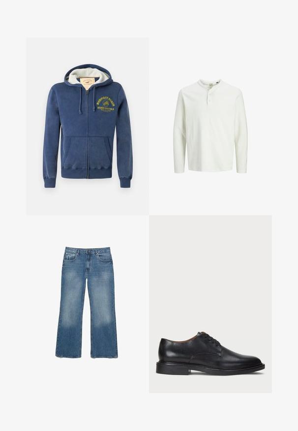 Mornarsko plava majica s kapuljačom na zatvarač izrađena od mješavine pamuka, s obloženom kapuljačom, dva prednja džepa i žutim ispisanim tekstom s motivom palme.; Bijela majica dugih rukava s tri gumba i okruglim izrezom, prikazana na jednostavnoj bijeloj pozadini.; Svijetloplave traper široke hlače s izblijedjelim finišem, pet džepova i zatvaračem. Šavovi su prošiveni i imaju klasičan kroj.; Crne kožne cipele s okruglim vrhom, vezanjem i niskim stogom. Glatka tekstura s minimalnim šavovima.