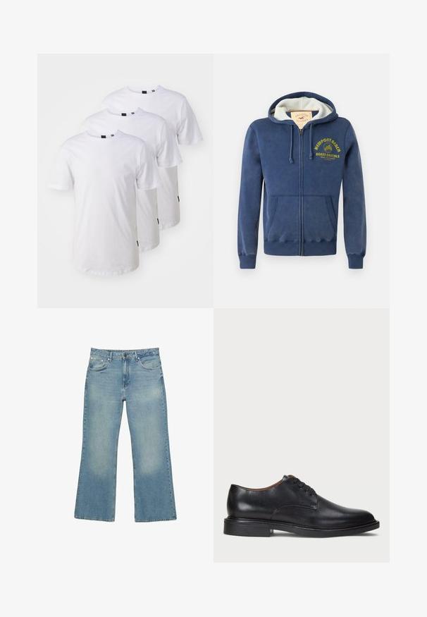 Navyblauer Reißverschluss-Hoodie aus Baumwollmischung mit gefütterter Kapuze, zwei Fronttaschen und gelb bedrucktem Text mit einem Palmenmotiv.; Drei schlichte weiße Baumwoll-T-Shirts mit kurzen Ärmeln, Rundhalsausschnitten und schwarzen Etiketten am unteren Saum. Klassische Passform und glatte Textur.; Helle blaue Denim-Jeans mit weitem Bein, fünf Taschen, Knopfverschluss und subtilen Ausbleichungen, mit einem rohen Saum und robusten Nähten.; Schwarze Lederdressschuhe mit runder Zehenform, Schnürdesign und niedrigem gestapeltem Absatz. Glatte Textur mit minimalen Nähten.