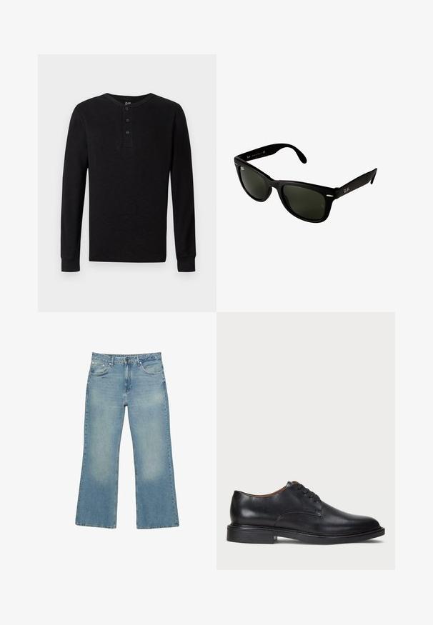 Navyblauer Reißverschluss-Hoodie aus Baumwollmischung mit gefütterter Kapuze, zwei Fronttaschen und gelb bedrucktem Text mit einem Palmenmotiv.; Schwarzes Langarm-Henley-Shirt mit einem Drei-Knopf-Verschluss am Hals, weichem Material und gerippten Bündchen. Es zeichnet sich durch einen klassischen Schnitt und ein minimales Design aus.; Helle blaue Denim-Jeans mit weitem Bein, fünf Taschen, Knopfverschluss und subtilen Ausbleichungen, mit einem rohen Saum und robusten Nähten.; Schwarze Lederdressschuhe mit runder Zehenform, Schnürdesign und niedrigem gestapeltem Absatz. Glatte Textur mit minimalen Nähten.; Schwarze Kunststoffsonnenbrille mit dunkelgrünen Gläsern. Das quadratische Rahmendesign verfügt über silberne Akzente und ein geprägtes Logo an den Bügeln.