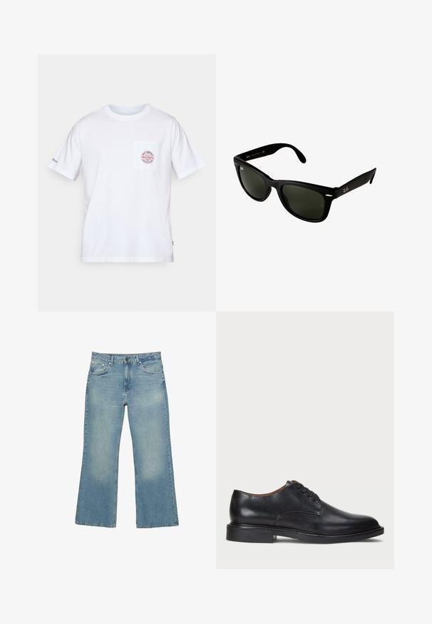 Navyblauer Reißverschluss-Hoodie aus Baumwollmischung mit gefütterter Kapuze, zwei Fronttaschen und gelb bedrucktem Text mit einem Palmenmotiv.; Weißes Baumwoll-T-Shirt mit rundem Halsauschnitt, kurzen Ärmeln und einer Brusttasche mit einem rot-blauen Logodesign. Normale Passform.; Helle blaue Denim-Jeans mit weitem Bein, fünf Taschen, Knopfverschluss und subtilen Ausbleichungen, mit einem rohen Saum und robusten Nähten.; Schwarze Lederdressschuhe mit runder Zehenform, Schnürdesign und niedrigem gestapeltem Absatz. Glatte Textur mit minimalen Nähten.; Schwarze Kunststoffsonnenbrille mit dunkelgrünen Gläsern. Das quadratische Rahmendesign verfügt über silberne Akzente und ein geprägtes Logo an den Bügeln.