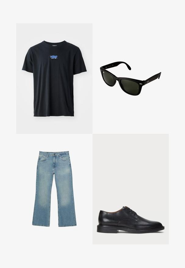 Marineblå zip-up hættejacke lavet af bomuldsblanding, med en foret hætte, to frontlommer og gult trykt tekst med et palmetræ-design.; Sort bomulds T-shirt med korte ærmer og rund halsudskæring. Har et blåt logo på brystet. Simpelt, klassisk design.; Lysblå denim bukser med vid ben, fem lommer, knaplukning og diskret falmning, med rå kant og kraftig syning.; Sorte læder dress sko med rund tå, snørelukning og en lav stablet hæl. Glat tekstur med minimale syningsdetaljer.; Sorte plastiksolbriller med mørkegrønne linser. Firkantet rammedesign med sølvdetaljer og et præget logo på stængerne.